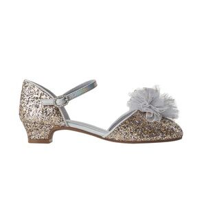 Zara Girls' Gold Glitter Pom Pom T-Strap Dress Shoes with Silver Tulle Flower